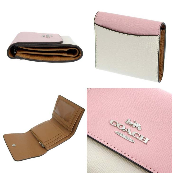 Coach Small Wallet Small Trifold Wallet In Colorblock Chalk Powder Pink # CF357