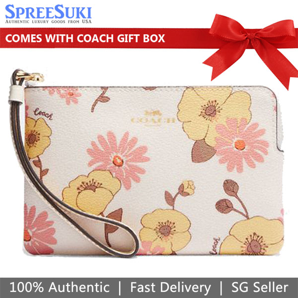 Coach Small Wristlet Corner Zip Wristlet With Floral Cluster Chalk Off White # CH647