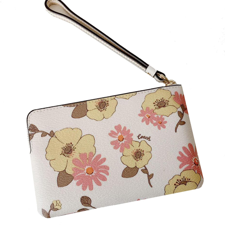 Coach Small Wristlet Corner Zip Wristlet With Floral Cluster Chalk Off White # CH647