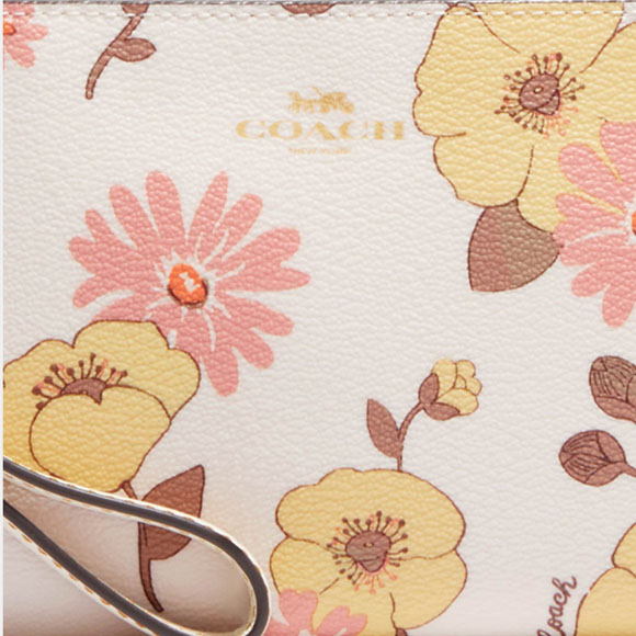 Coach Small Wristlet Corner Zip Wristlet With Floral Cluster Chalk Off White # CH647