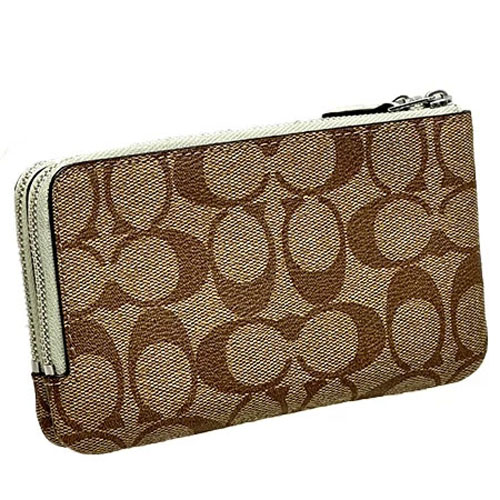 Coach Small Wristlet Double Corner Zip Wristlet Signature Khaki Light Sage # 87591