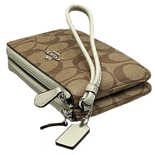 Coach Small Wristlet Double Corner Zip Wristlet Signature Khaki Light Sage # 87591