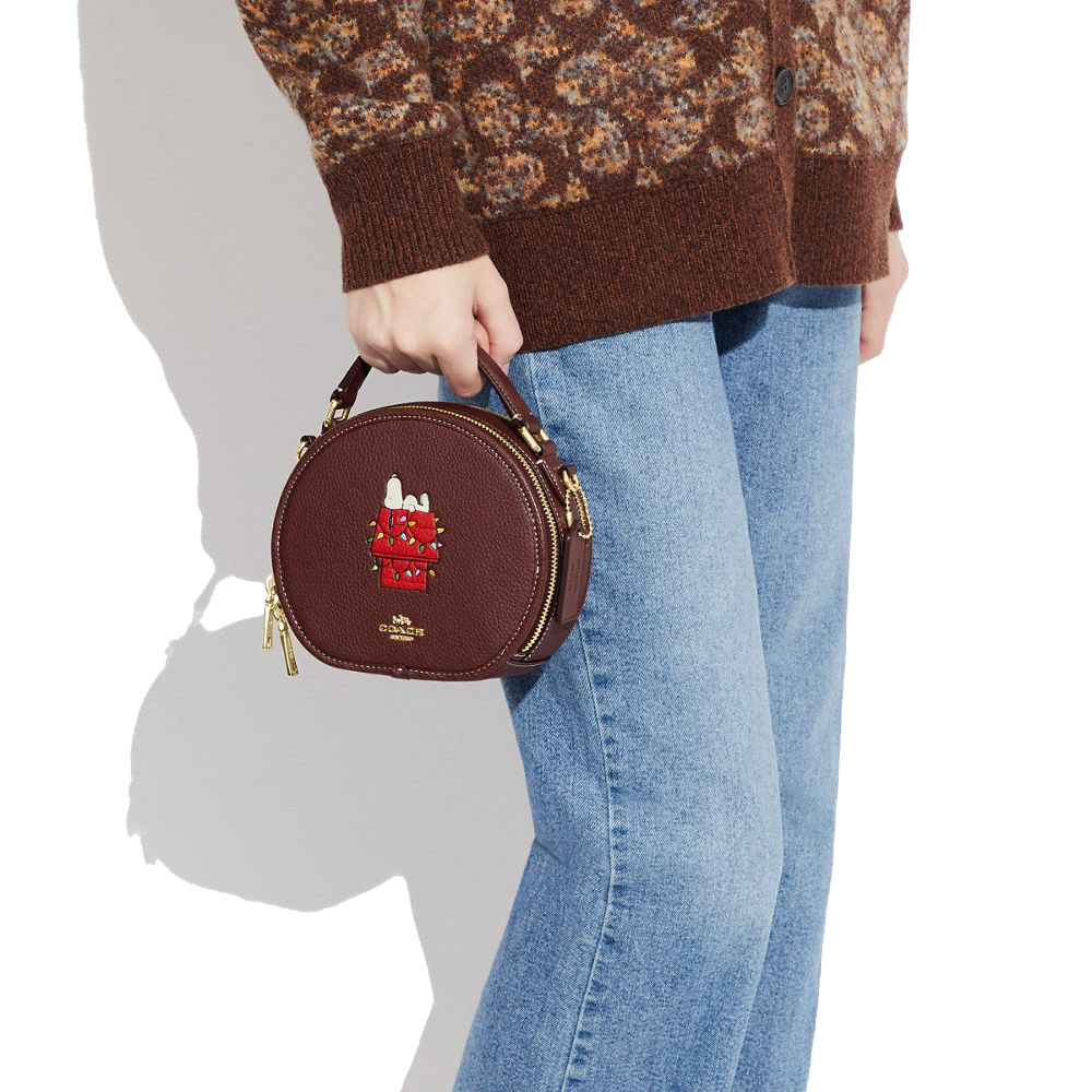 Coach Crossbody Bag Sling Coach X Peanuts Canteen Crossbody With Snoopy Lights Motif Wine Dark Red # CE844