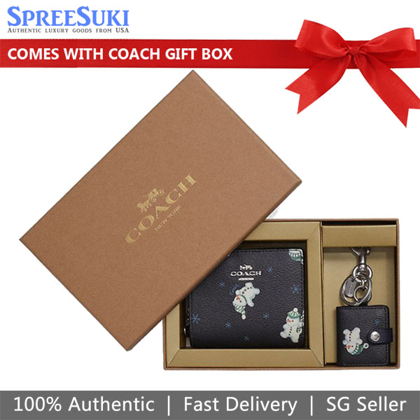 Coach Small Wallet Boxed Snap Wallet And Picture Frame Bag Charm With Snowman Print Midnight Dark Blue # C6941