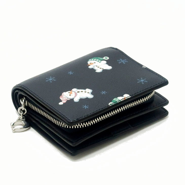 Coach Small Wallet Boxed Snap Wallet And Picture Frame Bag Charm With Snowman Print Midnight Dark Blue # C6941