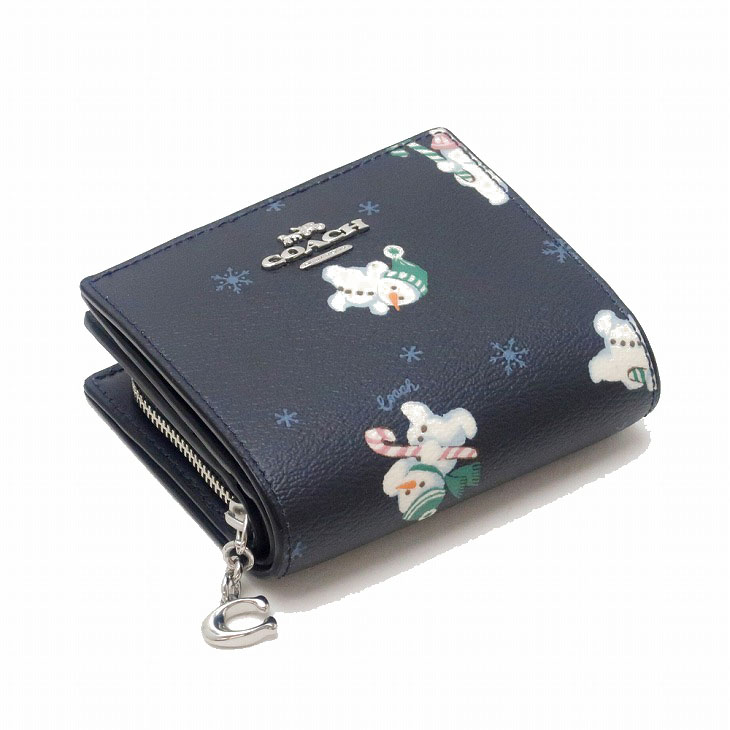 Coach Small Wallet Boxed Snap Wallet And Picture Frame Bag Charm With Snowman Print Midnight Dark Blue # C6941