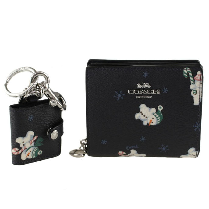 Coach Small Wallet Boxed Snap Wallet And Picture Frame Bag Charm With Snowman Print Midnight Dark Blue # C6941