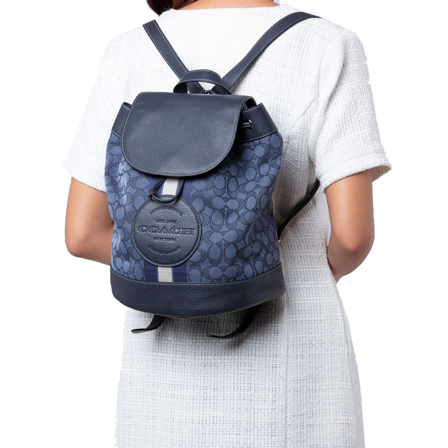 Coach Dempsey Drawstring Backpack In Signature Jacquard With Coach Patch And Stripe Denim Midnight Navy # CE601