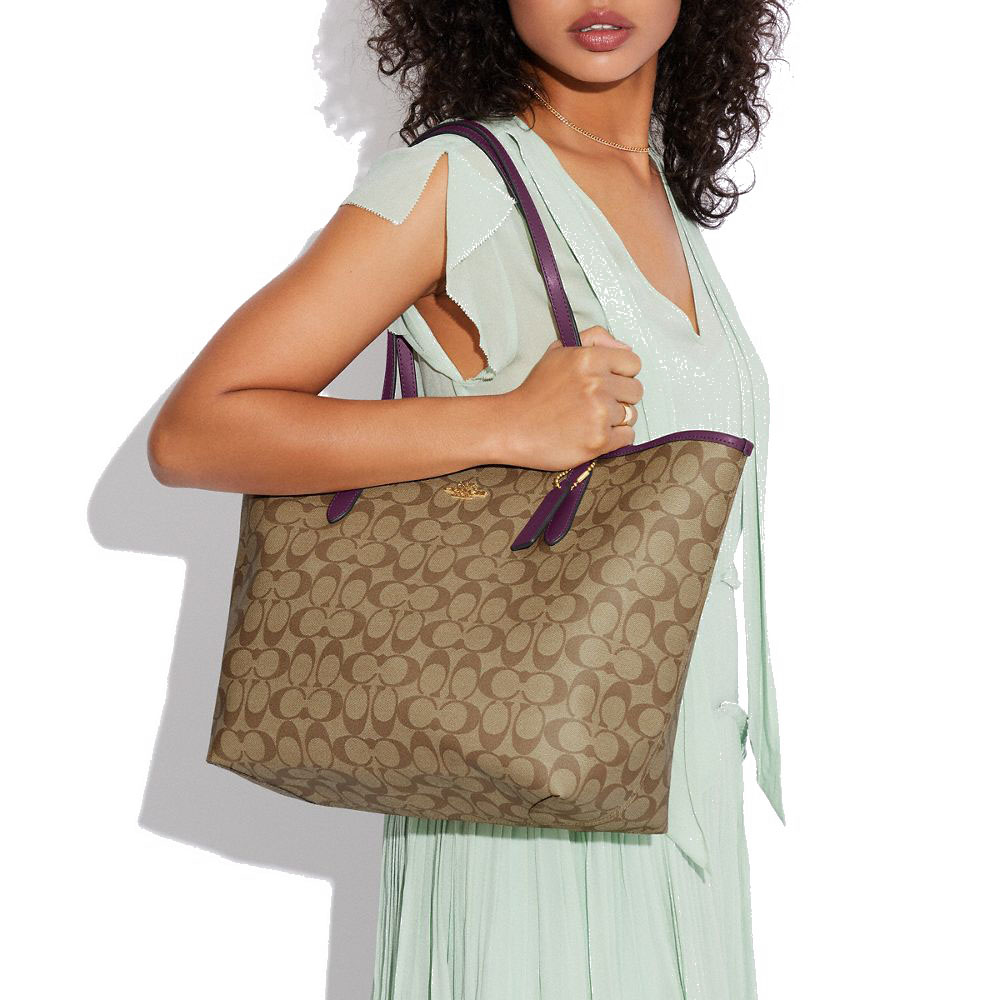 Coach Tote Shoulder Bag City Tote In Signature Canvas Khaki Boysenberry # 5696