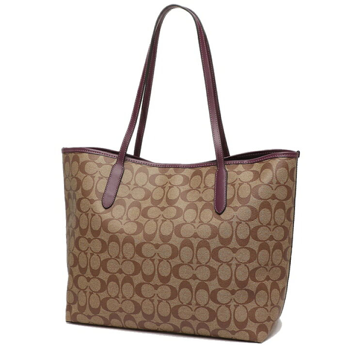 Coach Tote Shoulder Bag City Tote In Signature Canvas Khaki Boysenberry # 5696