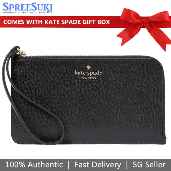 Kate Spade Lucy Saffiano Leather Medium L-Zip Wristlet Pouch Black # KD546