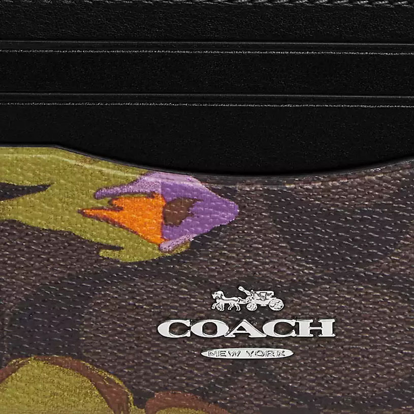 Coach Slim Id Card Case Signature Canvas With Rose Print Brown Iris # CL468D1