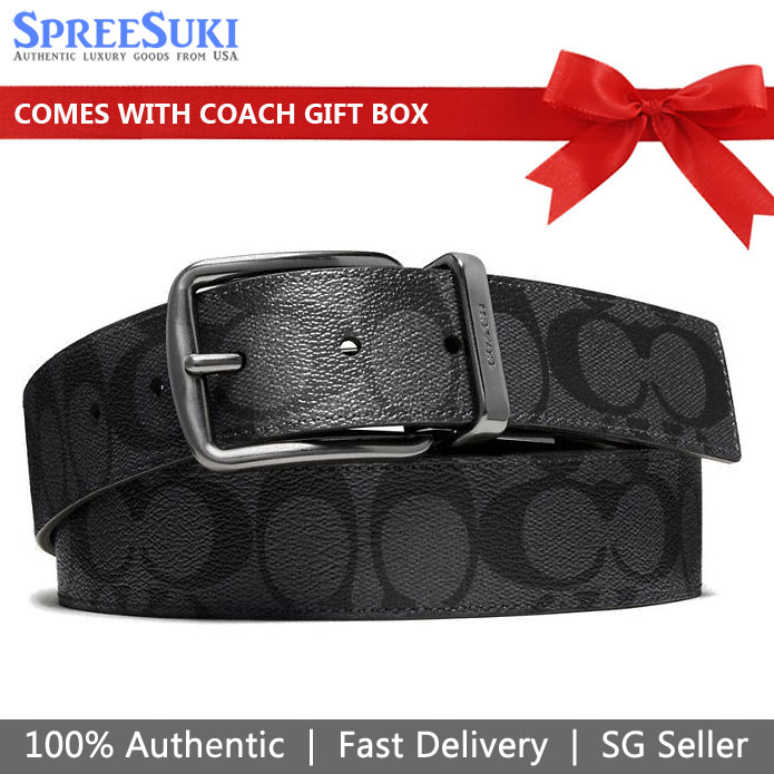 Coach Men Wide Harness Cut-To-Size Reversible Signature Coated Canvas Belt Charcoal / Black # F64839D1