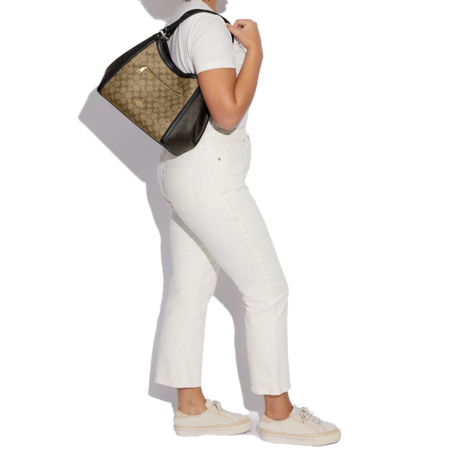 Coach Shoulder Bag Tote Kristy Shoulder Bag In Blocked Signature Canvas Khaki Brown # C6831