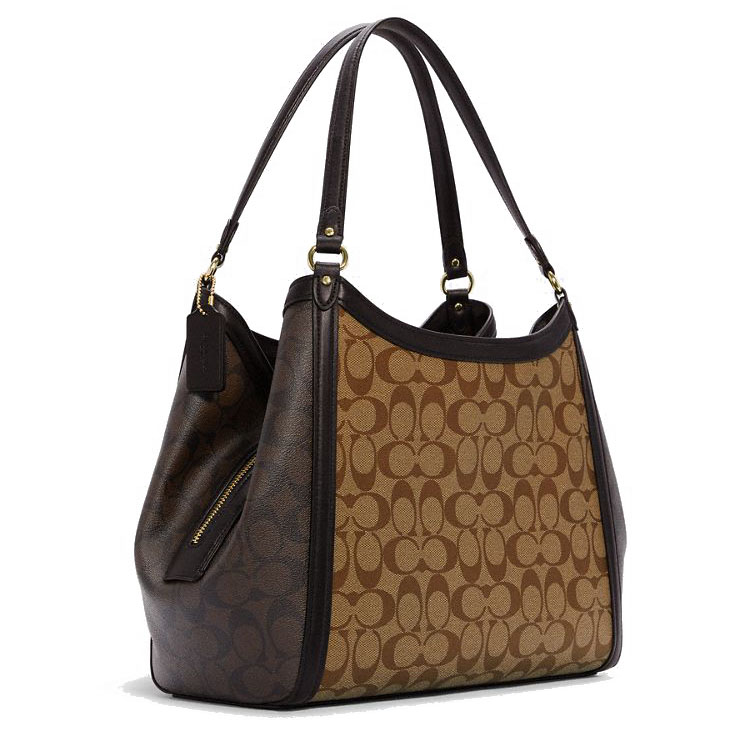 Coach Shoulder Bag Tote Kristy Shoulder Bag In Blocked Signature Canvas Khaki Brown # C6831