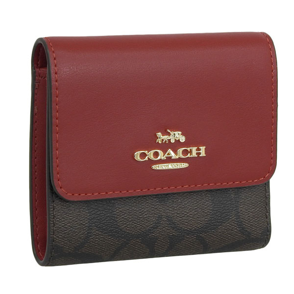 Coach Small Wallet Small Trifold Wallet In Blocked Signature Canvas Brown 1941 Red # CE930D1