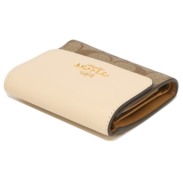 Coach Small Wallet Small Trifold Wallet In Blocked Signature Canvas Khaki Ivory # CE930D5