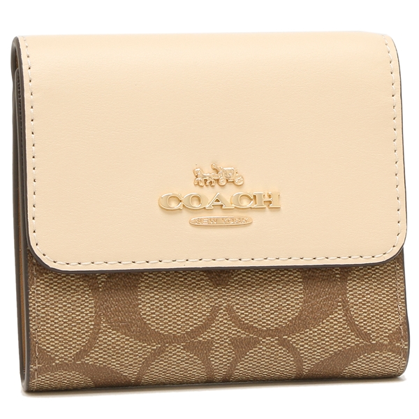 Coach Small Wallet Small Trifold Wallet In Blocked Signature Canvas Khaki Ivory # CE930D5