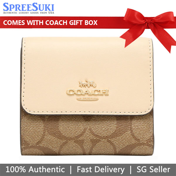 Coach Small Wallet Small Trifold Wallet In Blocked Signature Canvas Khaki Ivory # CE930D5