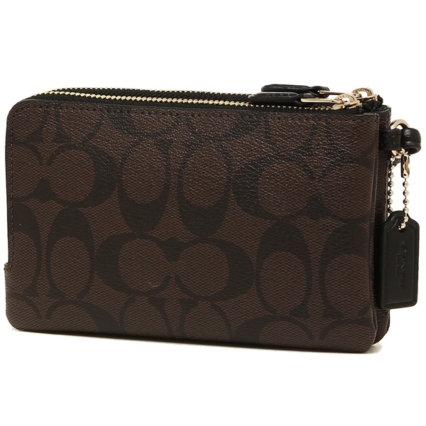 Coach Small Wristlet Double Corner Zip Wallet In Signature Coated Canvas Black / Brown # F87591D1