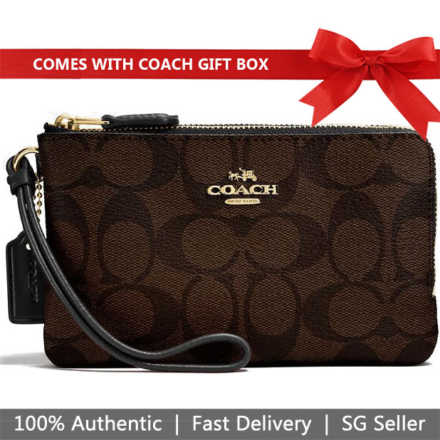 Coach Small Wristlet Double Corner Zip Wallet In Signature Coated Canvas Black / Brown # F87591D1