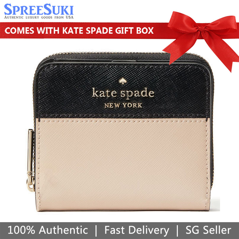 Kate Spade Small Wallet Small Zip Around Wallet Warm Beige Black # WLR00636D2