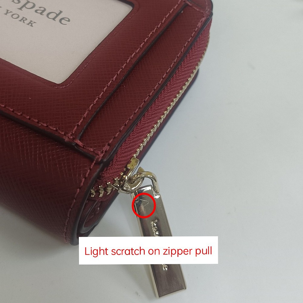 Kate Spade Small Wallet Staci Crossgrain Leather Small Zip Around Red Currant # WLR00634D2