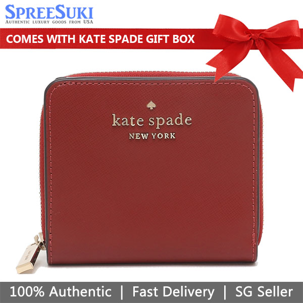 Kate Spade Small Wallet Staci Crossgrain Leather Small Zip Around Red Currant # WLR00634D2