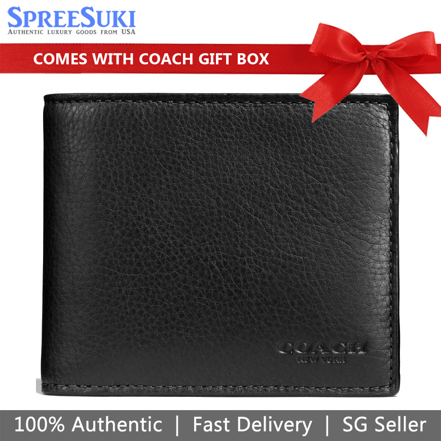 Coach Men Wallet In Gift Box Compact Id Wallet In Sport Calf Leather Black # F74991D1