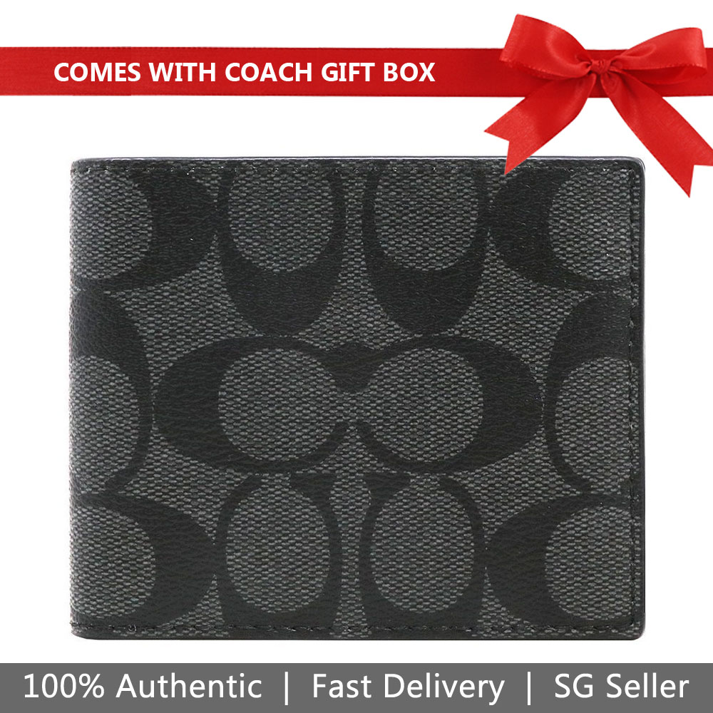 Coach Men Wallet In Gift Box Id Billfold Wallet In Signature Canvas Charcoal / Black / Black Antique Nickel # 66551D2