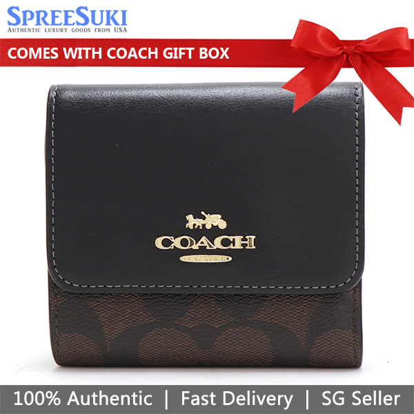 Coach Small Wallet Small Trifold Wallet In Blocked Signature Canvas Brown Black # CE930D6