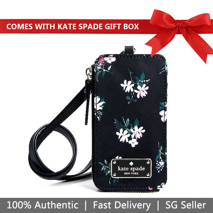 Kate Spade Lanyard In Gift Box Wilson Road Flora Edria Black # WLRU5250D1