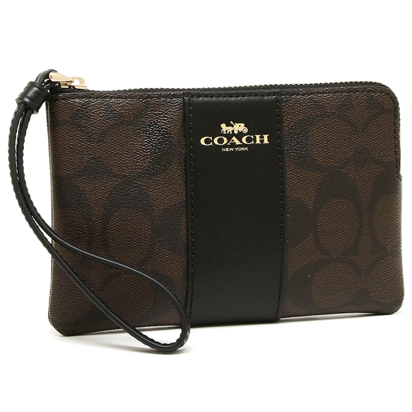 Coach Small Wristlet In Signature Coated Canvas With Leather Stripe Brown / Black # 58035D2