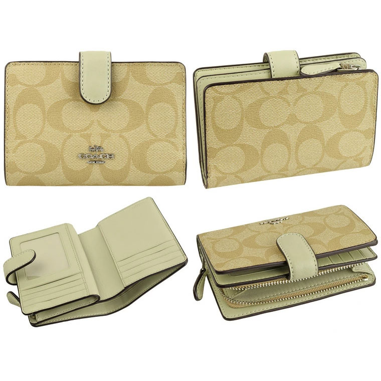 Coach Medium Wallet Medium Corner Zip Wallet In Signature Coated Canvas Light Khaki / Pale Green # 23553D1