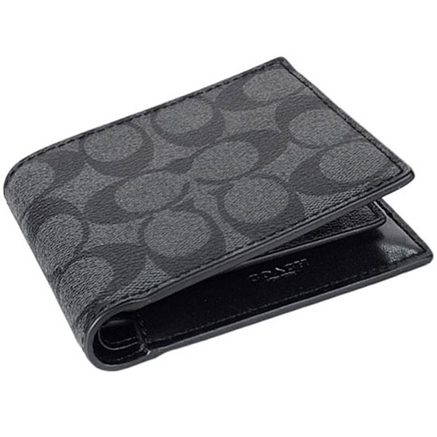 Coach Men Compact Id Wallet In Signature Charcoal / Black # F74993D1