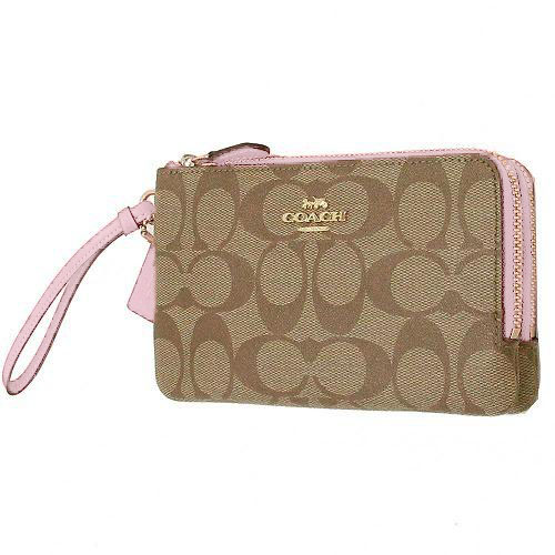 Coach Wristlet In Gift Box Double Corner Zip Wallet In Signature Coated Canvas Khaki / Blossom Pink # F87591D3