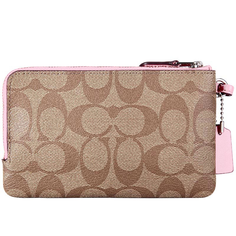 Coach Wristlet In Gift Box Double Corner Zip Wallet In Signature Coated Canvas Khaki / Blossom Pink # F87591D3