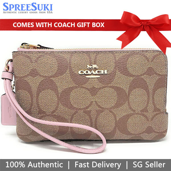 Coach Wristlet In Gift Box Double Corner Zip Wallet In Signature Coated Canvas Khaki / Blossom Pink # F87591D3