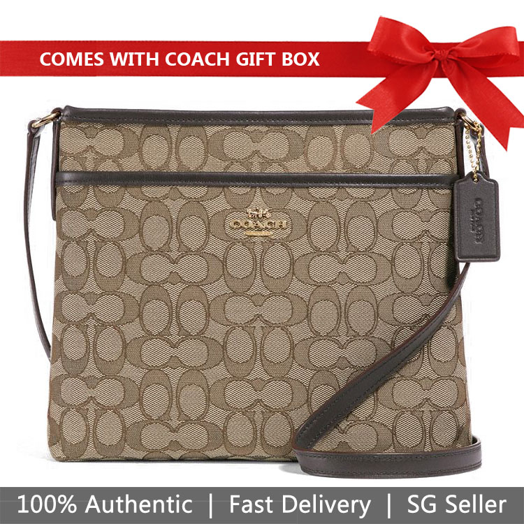 Coach Crossbody Bag In Gift Box File Crossbody In Signature Jacquard Khaki / Brown / Gold # F29960D1