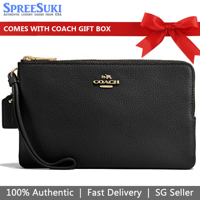 Coach Large Double Zip Wallet In Polished Pebble Leather Large Wristlet Black # F87587D1
