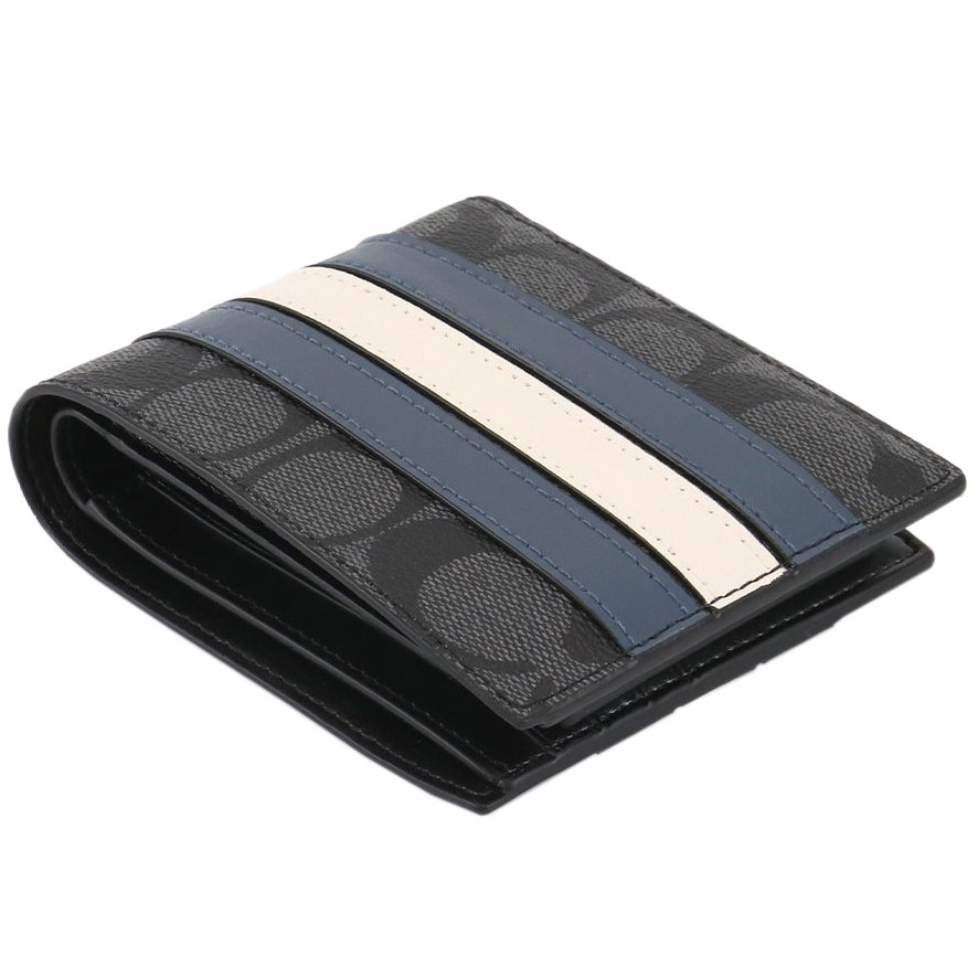 Coach Men 3-In-1 Wallet In Signature Canvas With Varsity Stripe Charcoal Black Denim Blue Chalk Off White # 3008D1