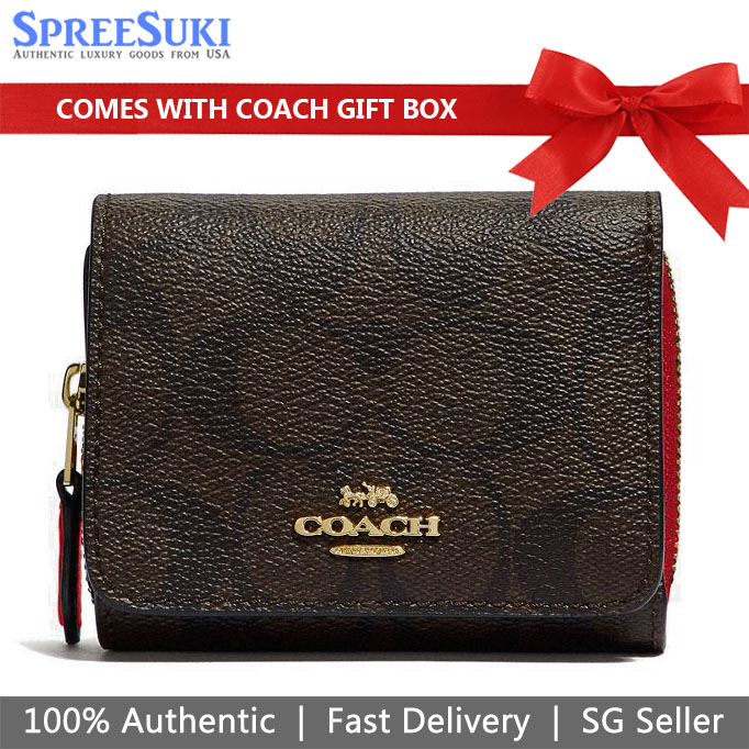 Coach Wallet In Gift Box Small Wallet Small Trifold Wallet In Signature Canvas Brown / True Red # F41302D1