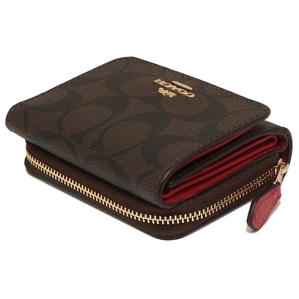 Coach Wallet In Gift Box Small Wallet Small Trifold Wallet In Signature Canvas Brown / True Red # F41302D1