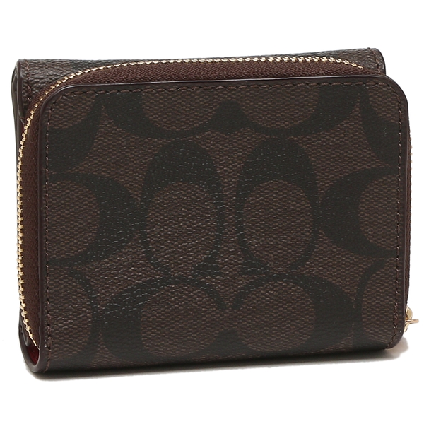 Coach Wallet In Gift Box Small Wallet Small Trifold Wallet In Signature Canvas Brown / True Red # F41302D1