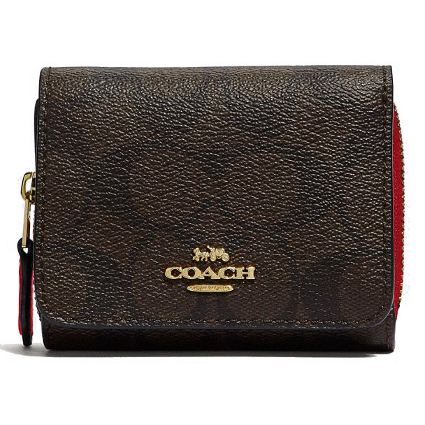 Coach Wallet In Gift Box Small Wallet Small Trifold Wallet In Signature Canvas Brown / True Red # F41302