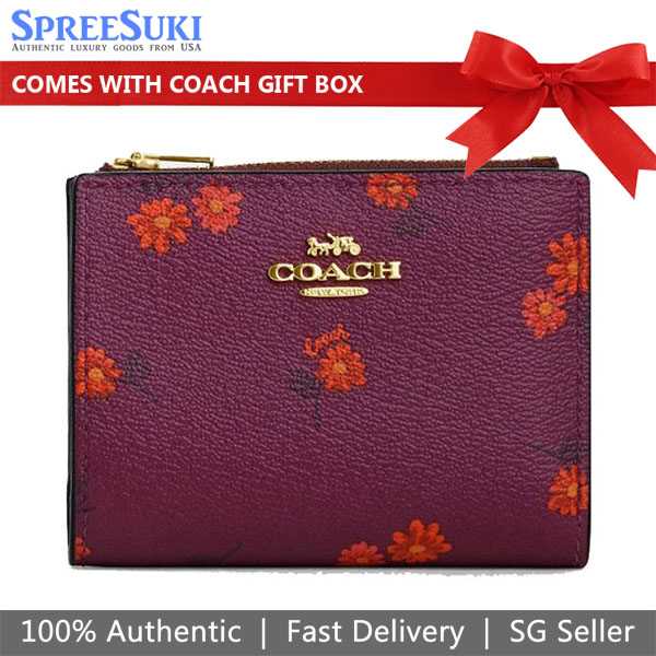 Coach Small Wallet Country Floral Bifold Wallet Deep Berry Magenta Purple Red # CM853