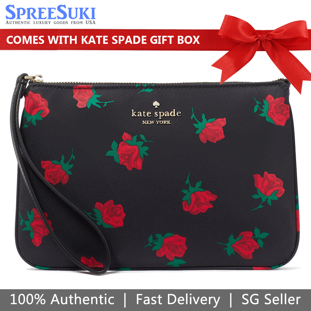 Kate Spade Medium Wristlet Pouch Rose Toss Print Chelsea Black # KE615