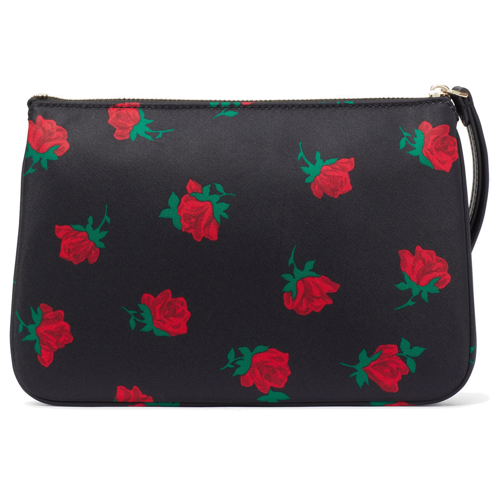 Kate Spade Medium Wristlet Pouch Rose Toss Print Chelsea Black # KE615