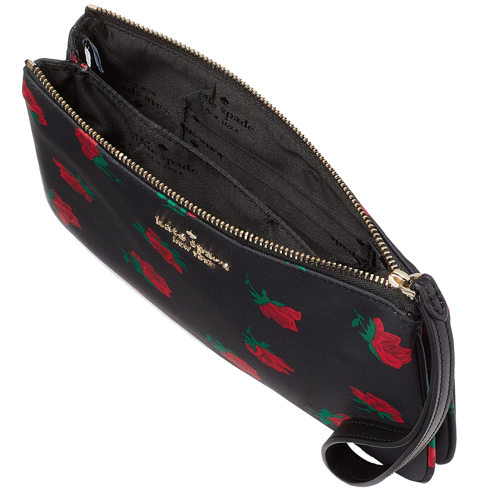 Kate Spade Medium Wristlet Pouch Rose Toss Print Chelsea Black # KE615