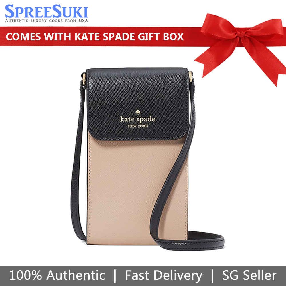 Kate Spade Madison North South Flap Phone Crossbody Bag Sling Saffiano Toasted Hazelnut Beige Black # KC512